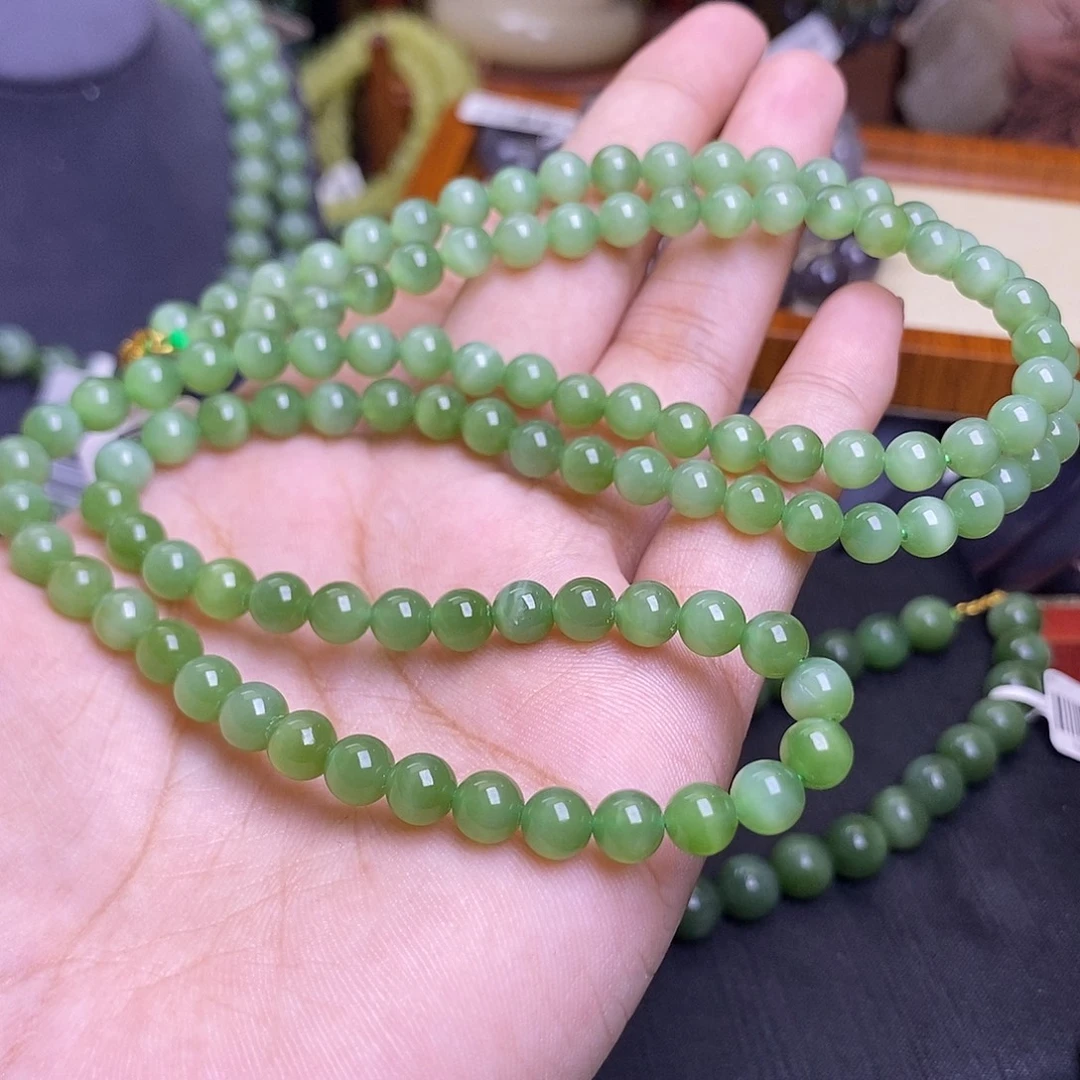 琴***琴未镶嵌手镯和田玉碧玉猫眼老料毛衣链6mm