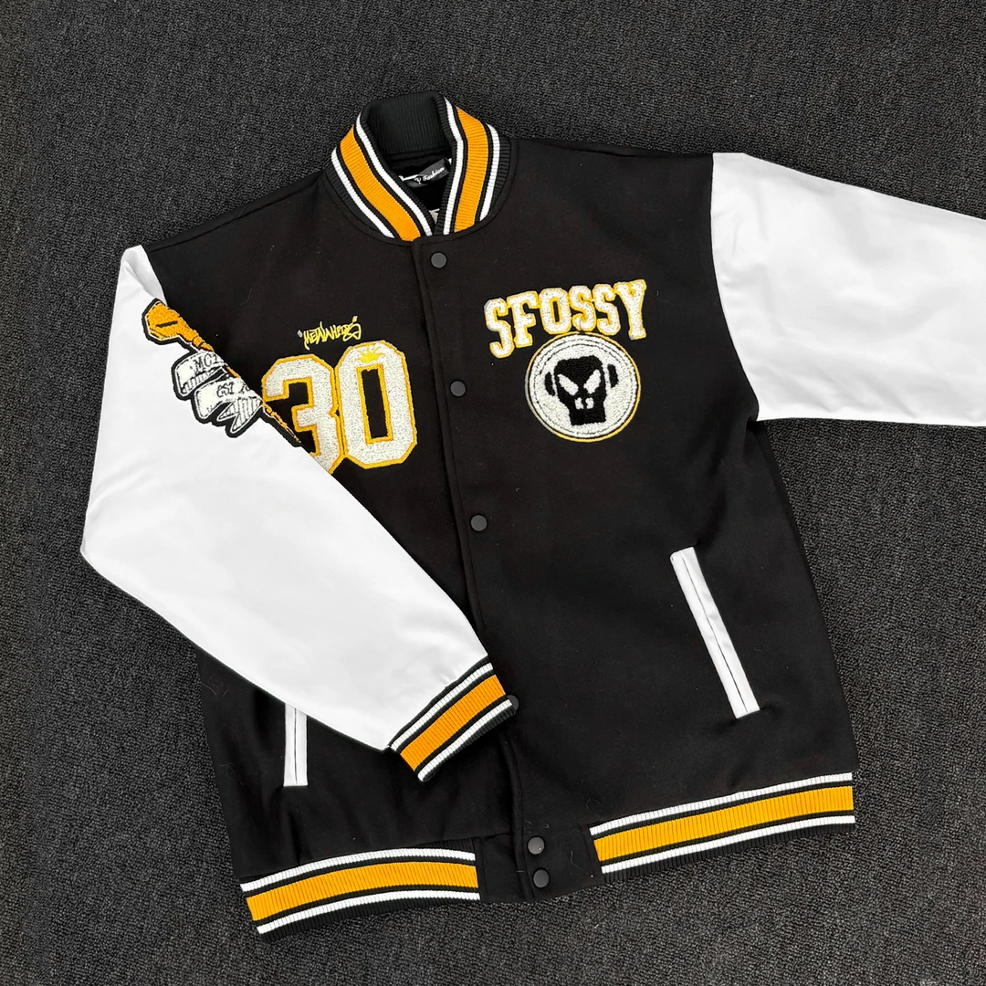 美式复古皮革拼接刺绣棒球服外套青少年潮牌欧美街头cleanfit夹克