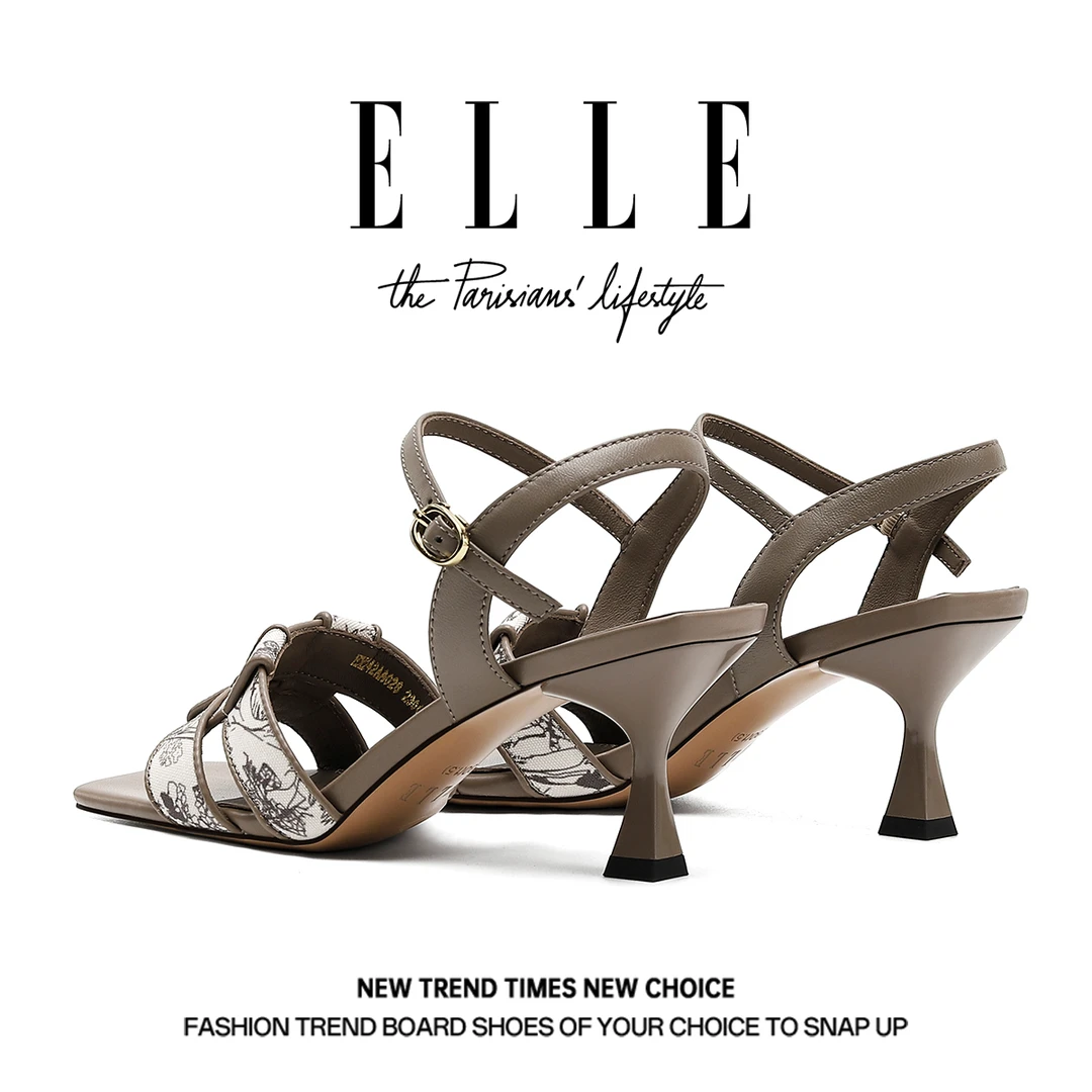 ELLE新中式国风羊皮凉鞋女2025新款夏季气质名媛配旗袍细跟高跟鞋
