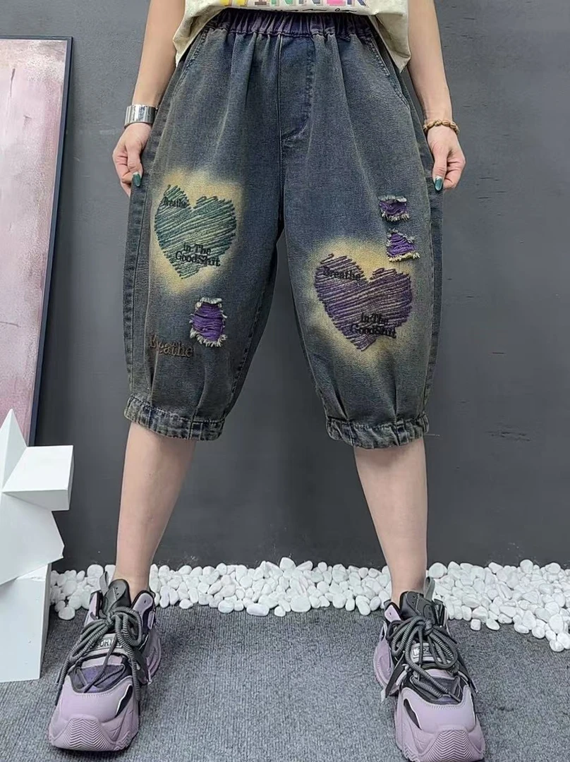 夏季女装薄款大码宽松刺绣爱心水洗六分牛仔裤休闲松紧腰哈伦裤女