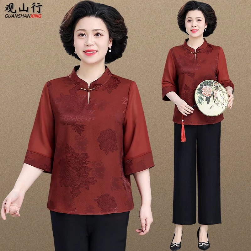 新中式妈妈夏装五分袖雪纺衫洋气中老年女夏季套装大码老年人衣服