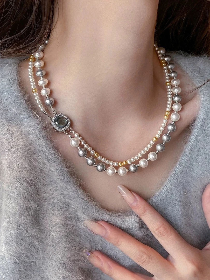 铜合金仿珍珠项链 法式【设计师】倪妮同款珍珠项链彩色双层锁骨链