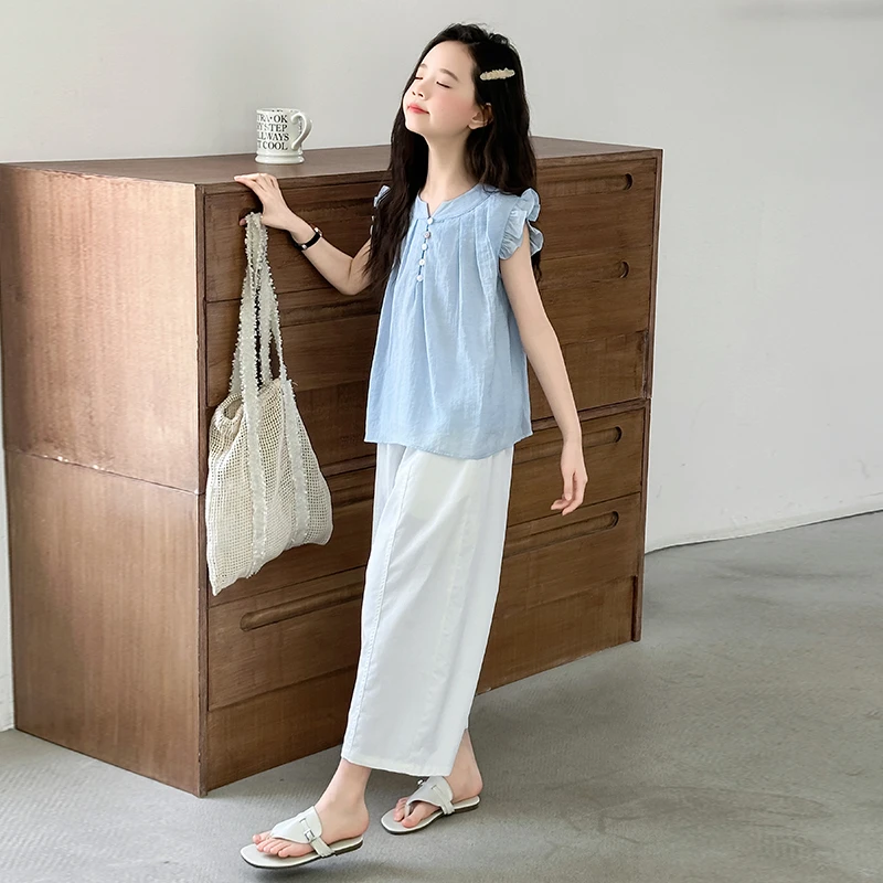 中大童女童夏装套装2025大孩子薄款阔腿裤两件套儿童海边度假衣服