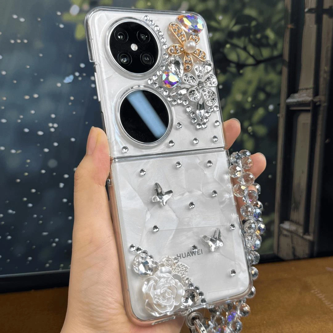 适用华为P50 Pocket 2手机壳折叠屏高级感透明水钻贴花爱心保护套