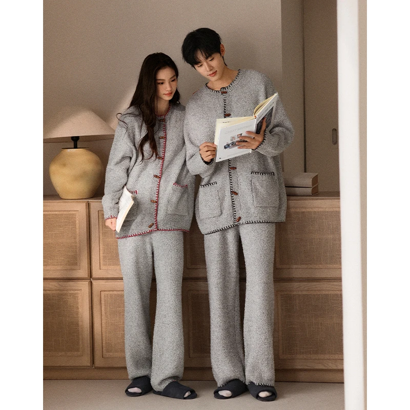 美腾情侣睡衣女秋冬半边绒加厚保暖家居服毛绒男套装可外穿珊瑚绒