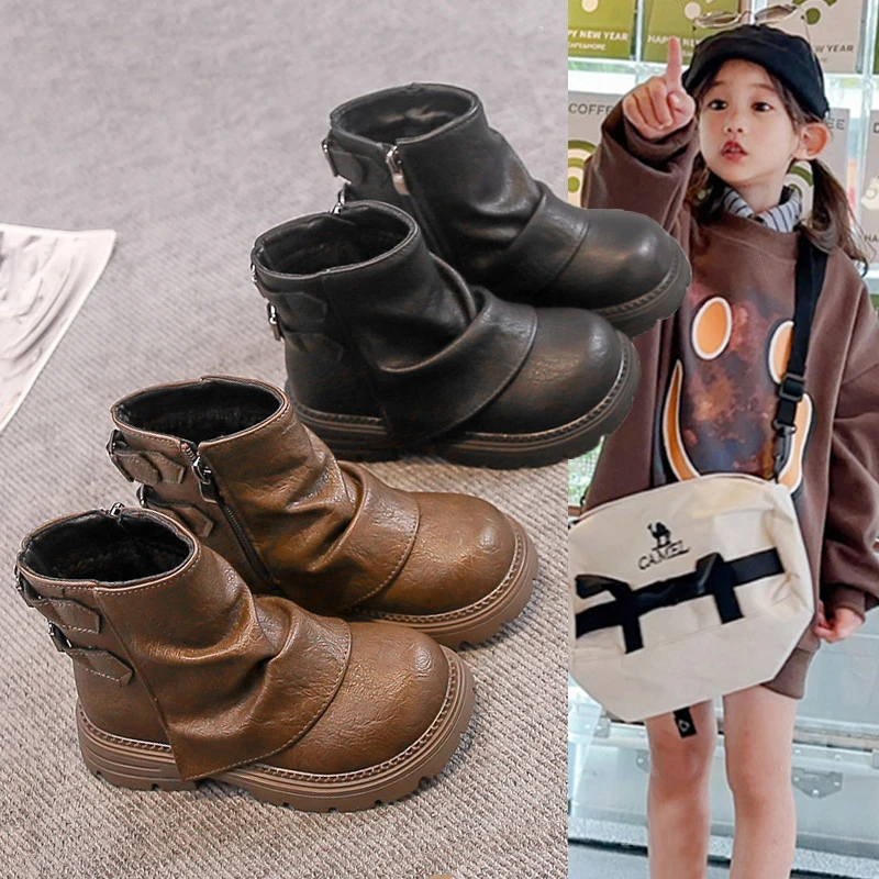 女童美拉德短靴2025秋冬保暖裤管靴牛仔马丁靴中大童百搭加绒皮靴