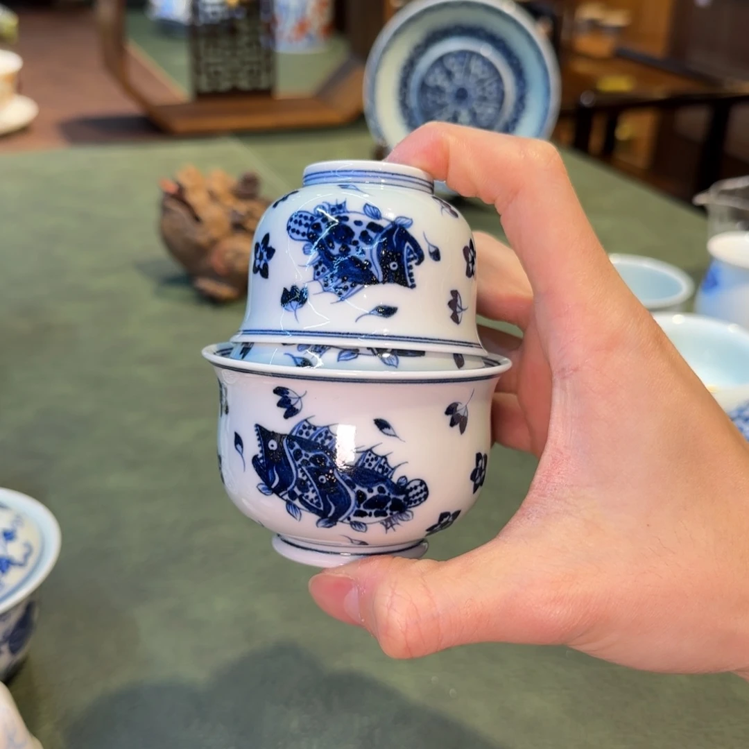 青花手绘鳜鱼一盖碗一杯子