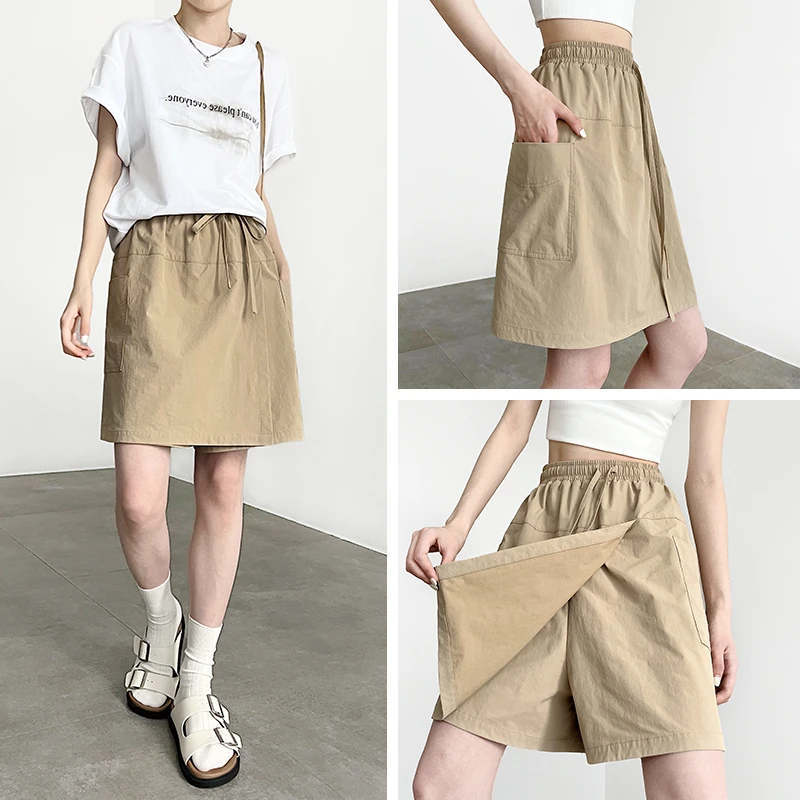 卡其色原纱防晒短款工装裙裤女夏薄款2025新款美式显瘦半身裙裤