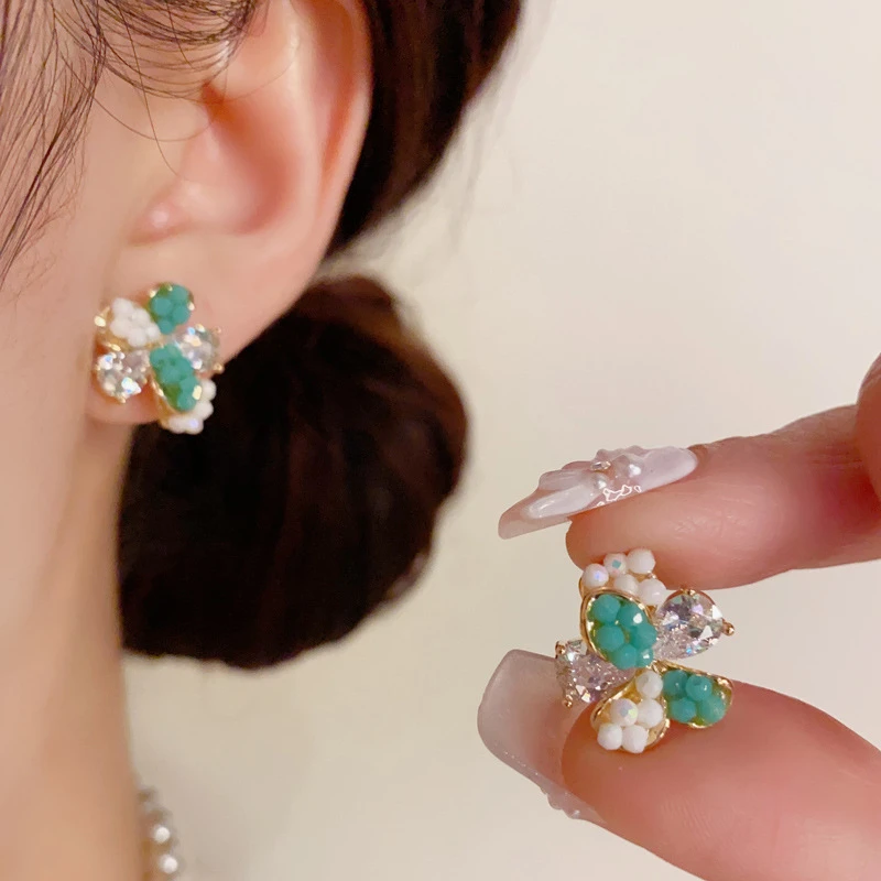 铜合金仿水晶耳饰 s925银针时尚清新撞色花瓣耳钉女气质轻奢简约