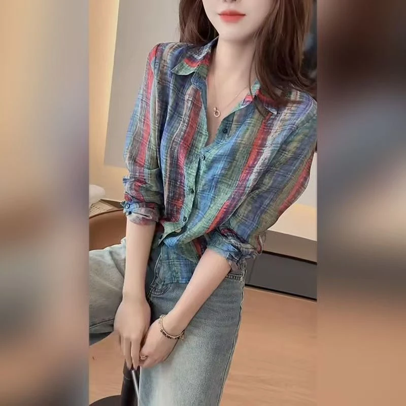 夏季港风复古撞色条纹长袖POLO领衬衫女装宽松显瘦百搭气质洋气