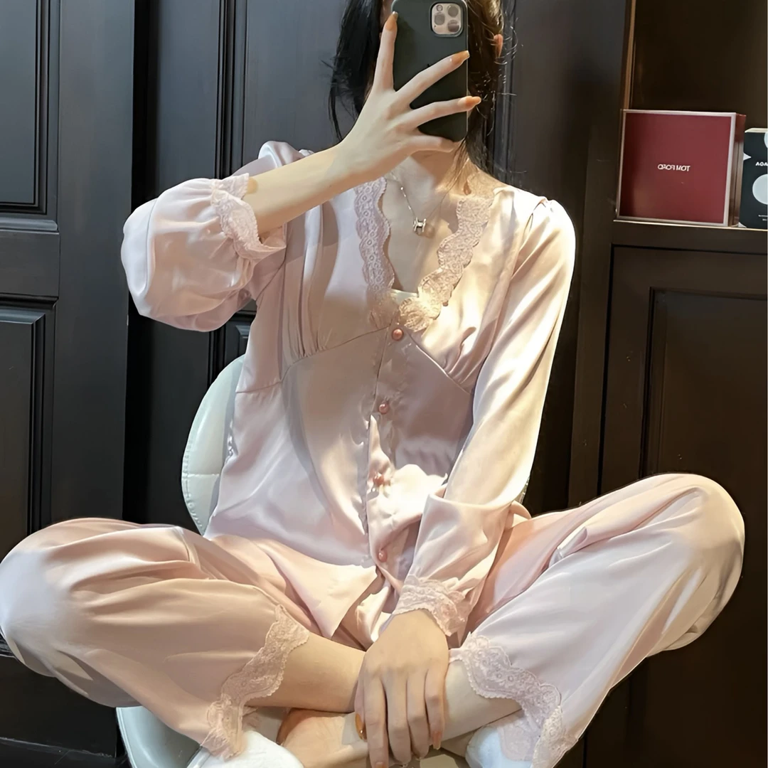 【法式宫廷】睡衣女春秋薄款翻领冰丝睡衣长袖套装休闲家居服可外穿