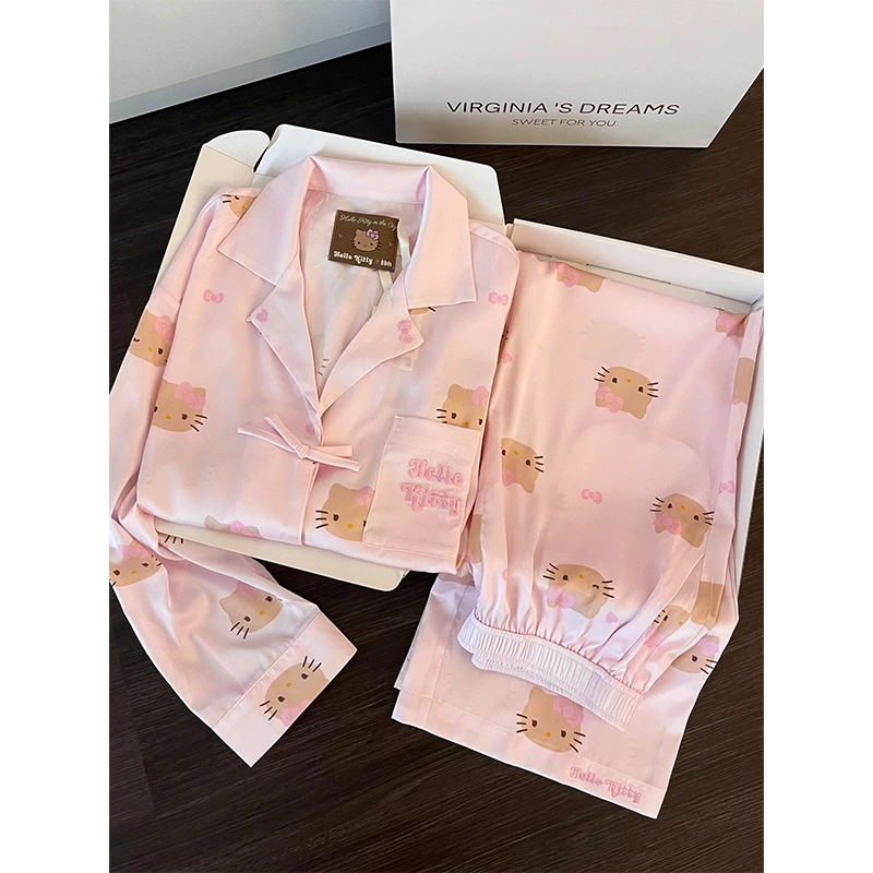 法式性感粉嫩冰丝Kitty睡衣女夏季爆款长袖长裤可外穿家居服套装