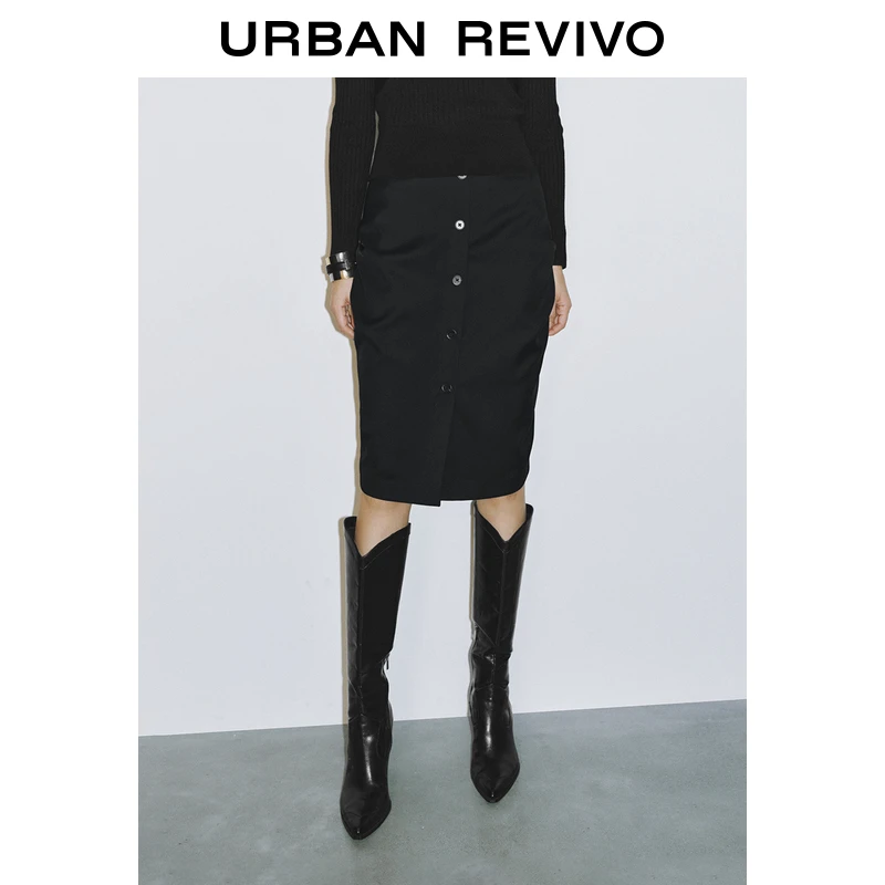 UR2025春季新款女装欧若风摩登魅力设计感褶皱纽扣半裙UWG550025
