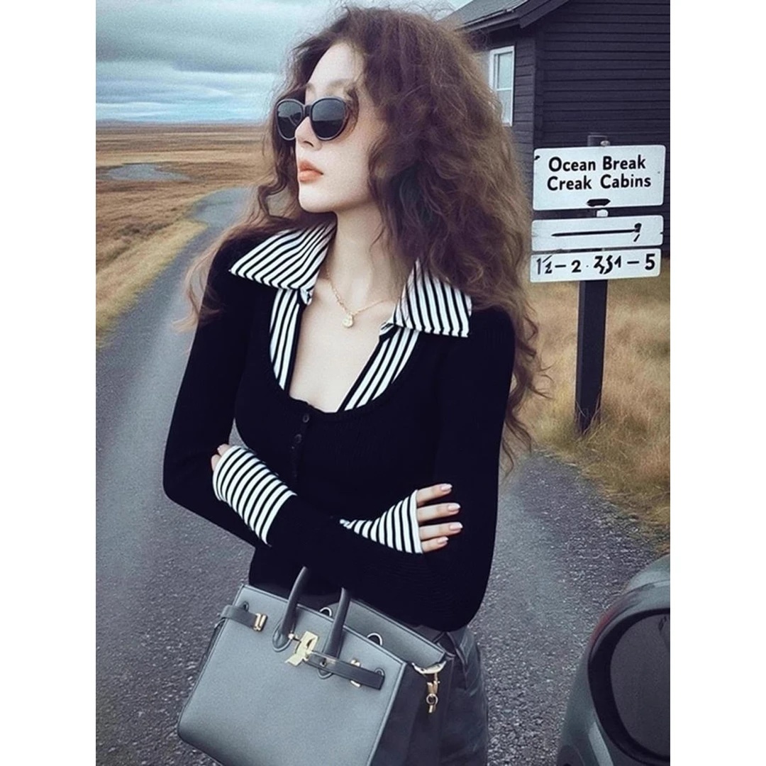 小香风条纹拼接假两件针织打底衫女2025新款秋冬修身内搭别致上衣