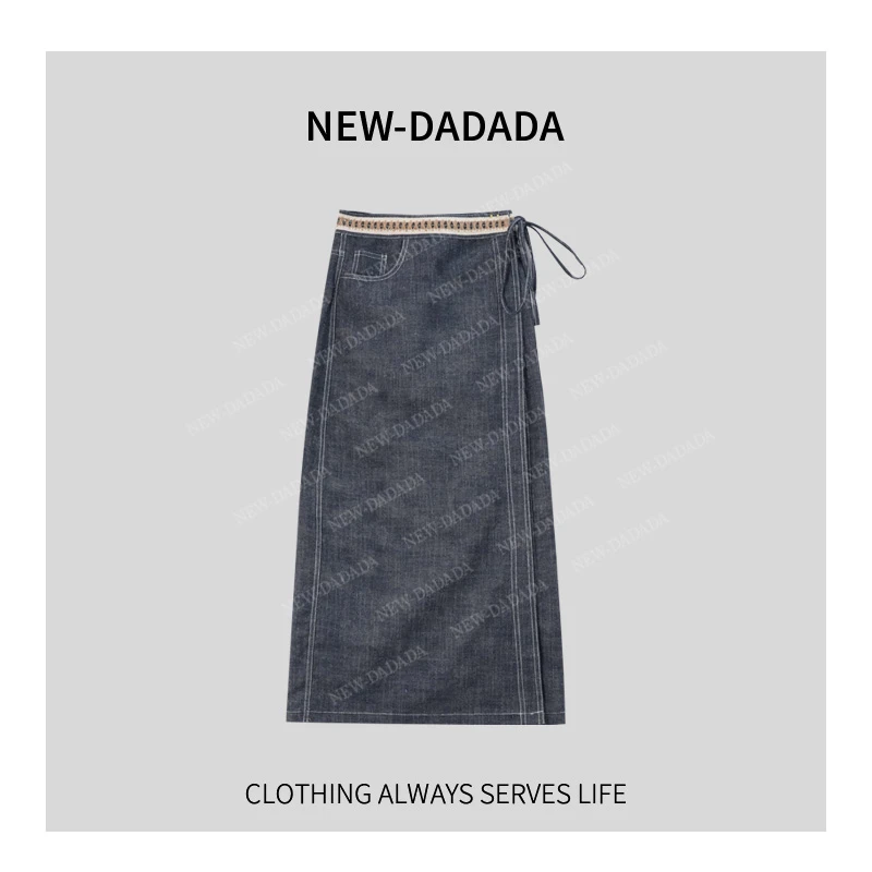 利达NEWDADAD复古牛仔亚麻一片式围裹式半身裙夏长款包臀裙SM2170