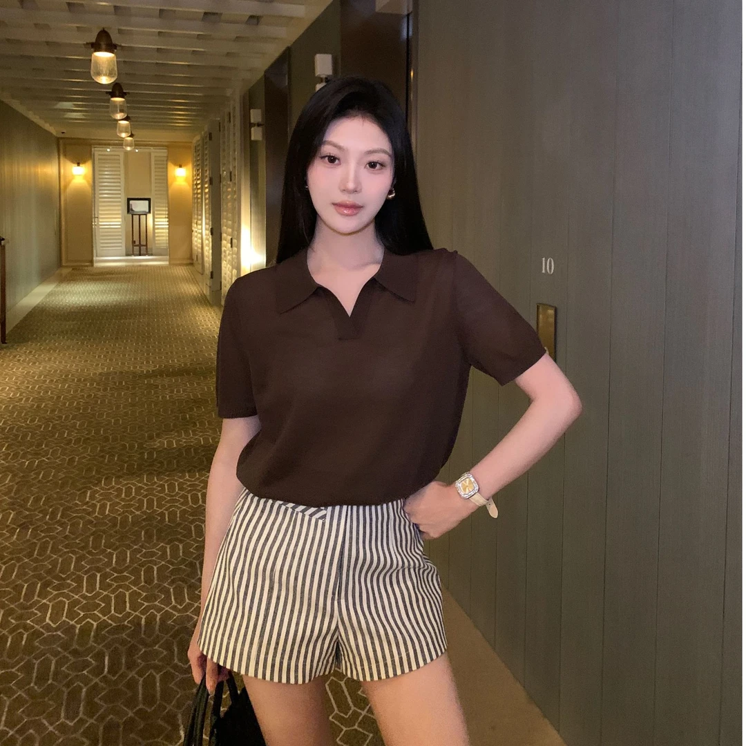 现货 JINY 静一【简奢条纹】 慵懒松弛感百搭通勤亚麻条纹休闲短裤