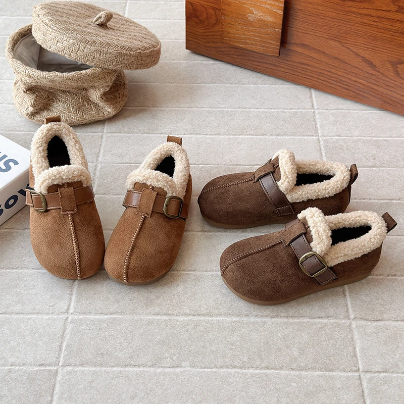 女童勃肯鞋加绒儿童鞋子2025冬季新款复古男女童二棉鞋毛毛豆豆鞋