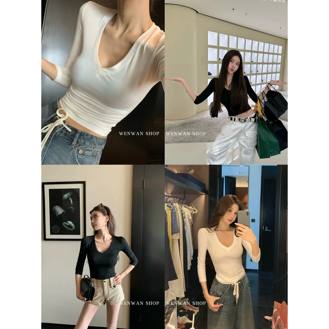 【又瘦又有 】2色!v领七分袖辣妹韩版修身打底T恤