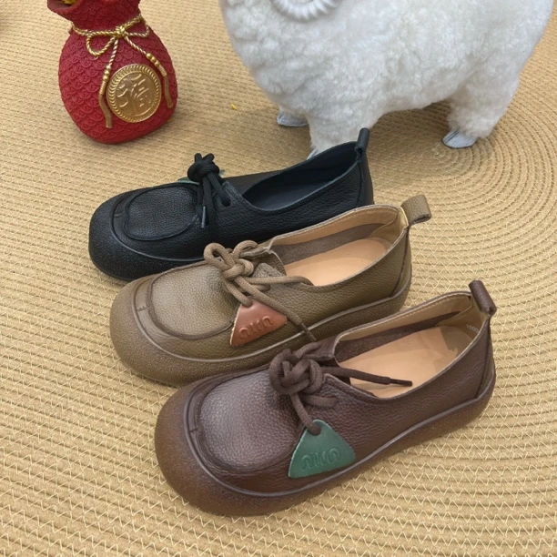 131805新款25复古休闲单鞋女全牛皮真皮软底软面系带防滑乐福女士