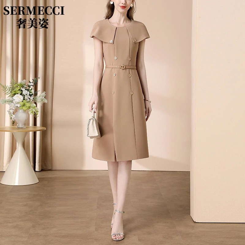 奢美姿高级感气质连衣裙女夏季2025新款名媛斗篷收腰显瘦中长款裙