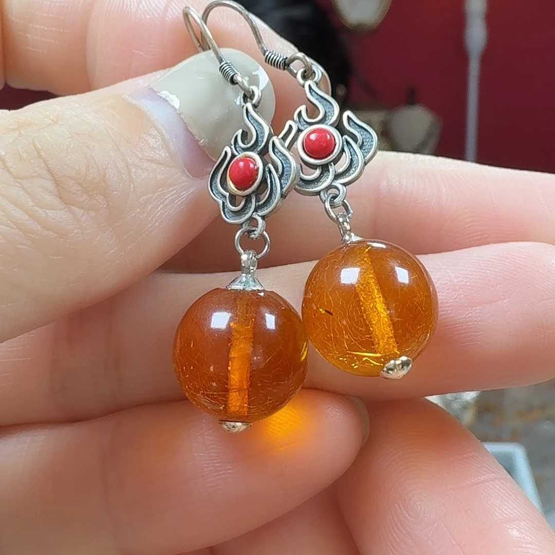 琥珀银S925镶嵌耳饰耳坠