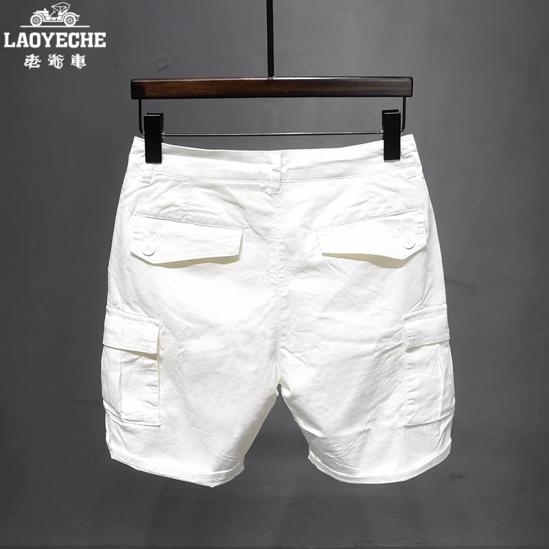 纯棉薄款白色多口袋工装短裤男士五分裤潮宽松直筒机弹力能休闲裤