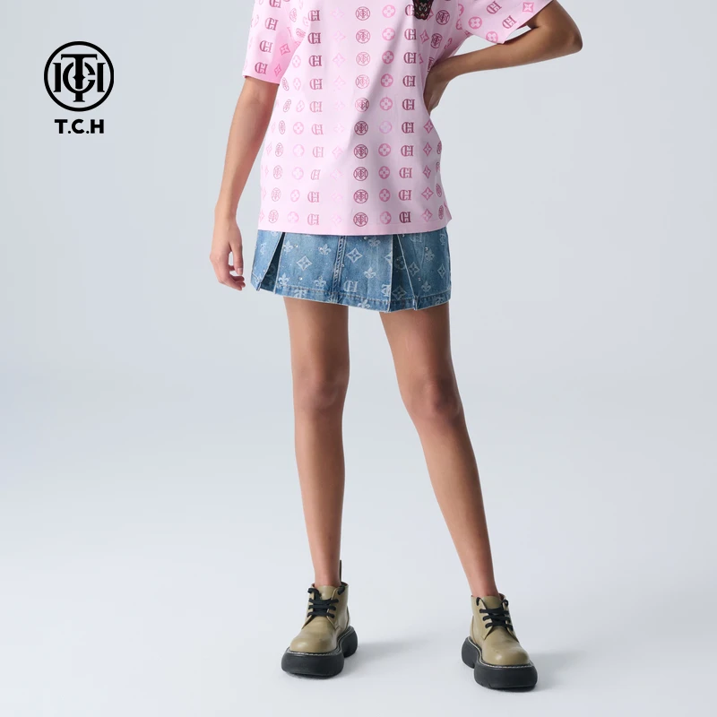 TCH轻奢烫钻工艺印花字母时尚蓝色牛仔半身裙女T72B228005私服tch