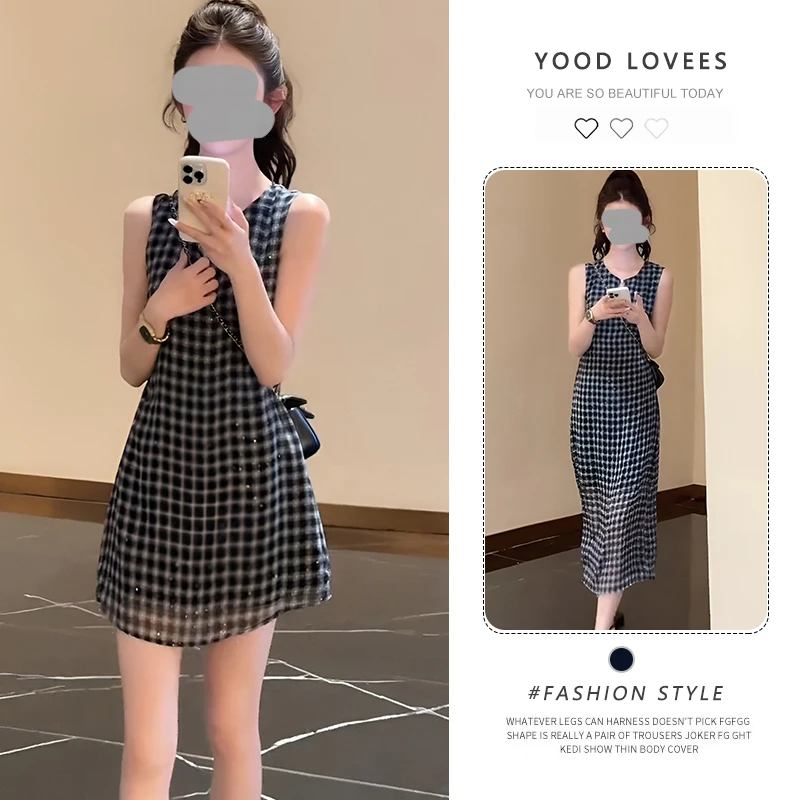 背心裙女夏季休闲微醺海岸法式复古黑白撞色格纹设计感无袖连衣裙