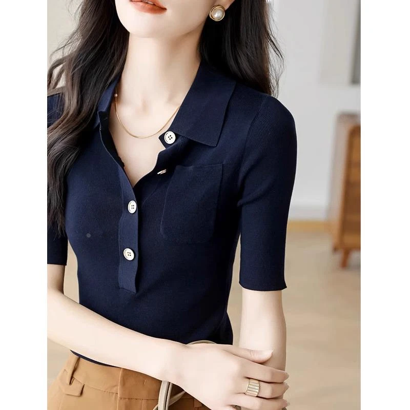 冰丝针织polo衫短袖t恤女士装夏季2025新款修身气质显瘦上衣体桖