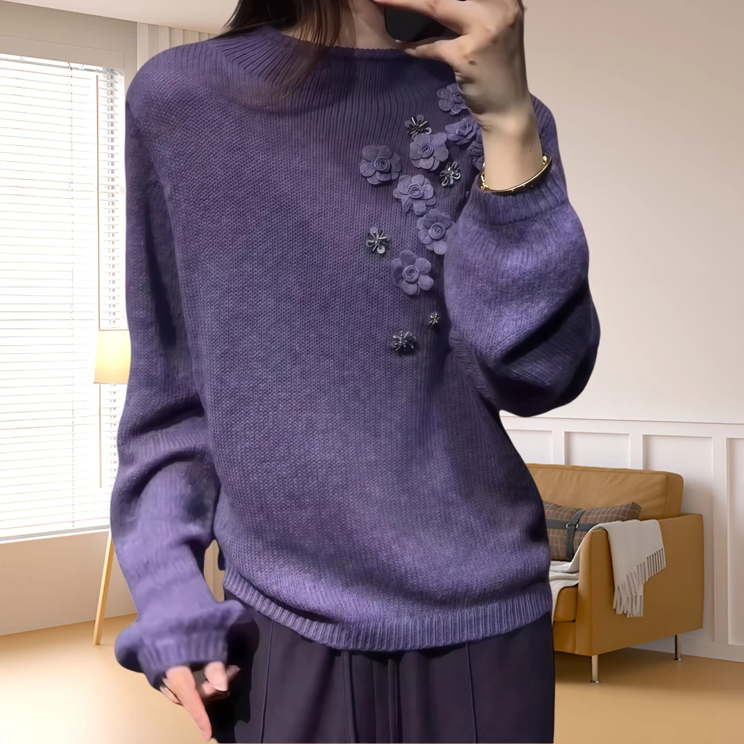 2025秋冬季新款时尚洋气百搭女装紫色圆领独特大气长袖针织衫女