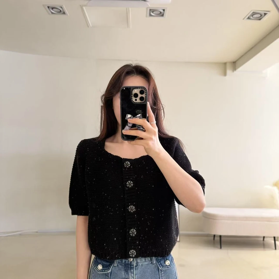 （布布款）繁星闪闪小香风方领短袖针织衫TBB1450