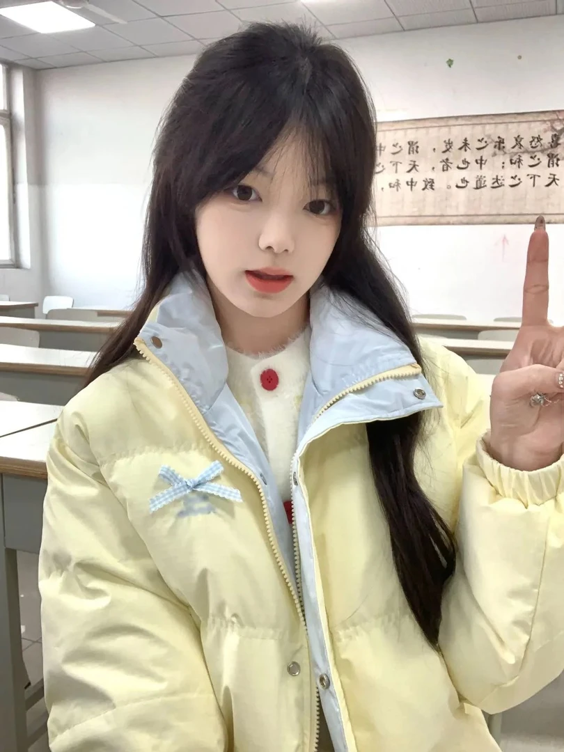 韩系复古撞色蝴蝶结可爱黄色棉衣棉服冬季甜美立领面包服加厚外套