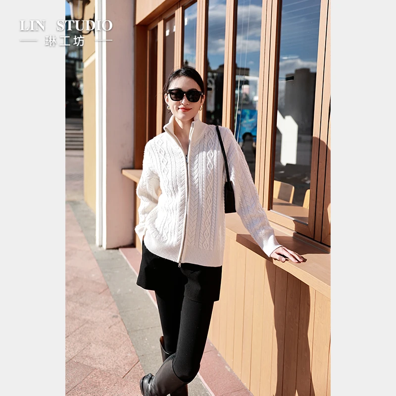 【山羊绒+绵羊毛】琳工坊“柳风”白色针织衫气质优雅休闲唐琳设计师