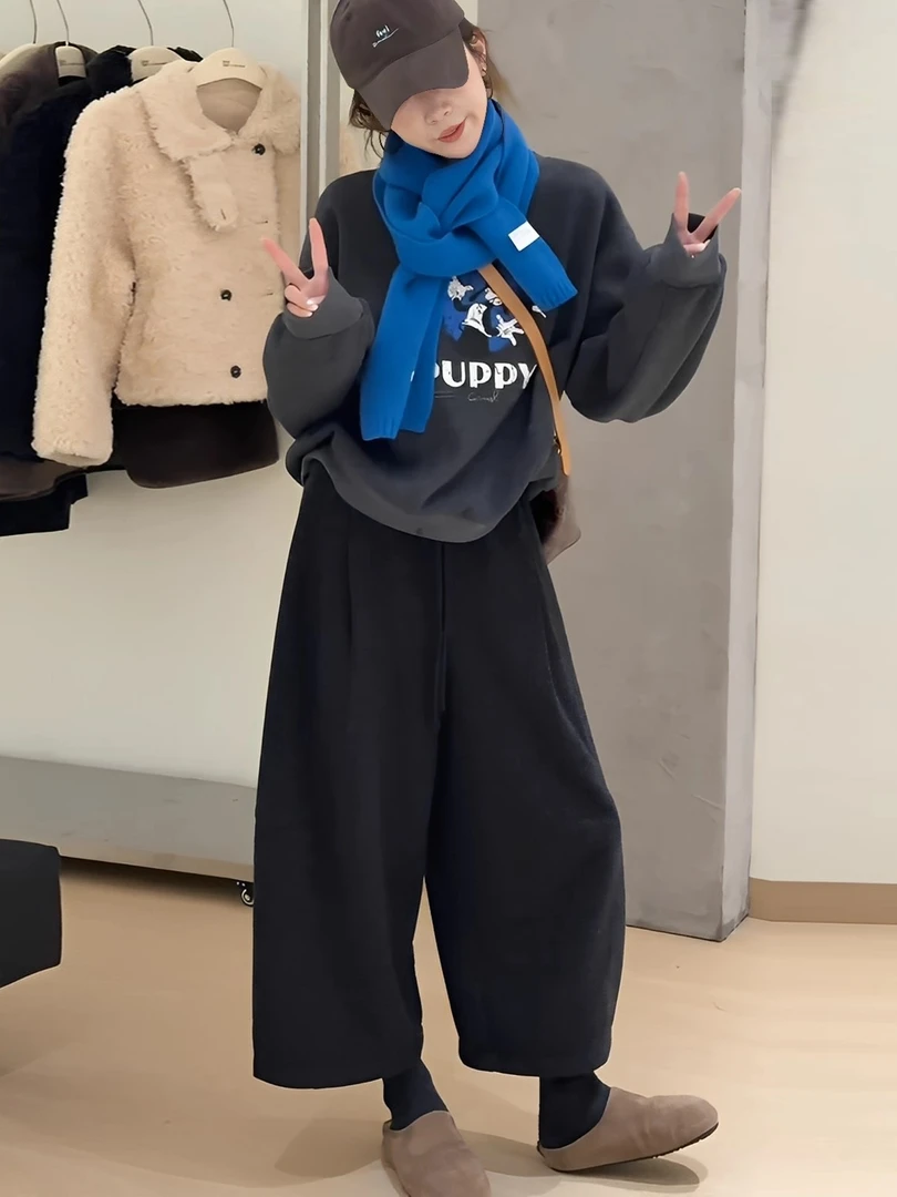 韩系百搭宽松毛呢阔腿裤女秋冬加绒小个子裤子大码八分休闲奶奶裤