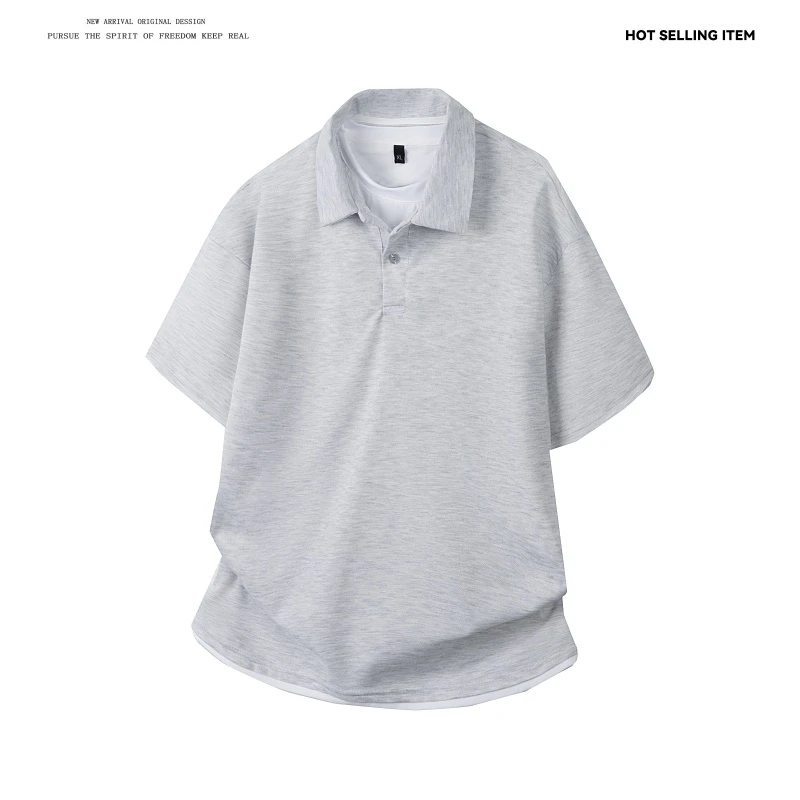 美式复古华夫格纯色短袖POLO衫T恤男夏季宽松假两件百搭翻领体恤