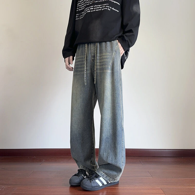 引创美式复古牛仔裤大码潮牌港风宽松直筒男士休闲长裤子直筒裤