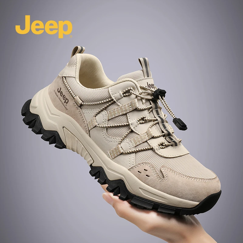 jeep吉普男鞋2025冬季新款网面透气真皮休闲鞋厚底防滑运动工装鞋