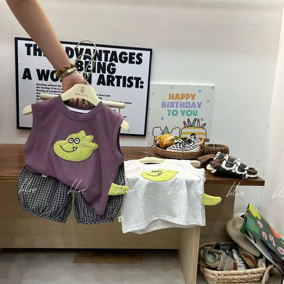 儿童夏季卡通背心套装2025新款男童宽松上衣格子裤潮