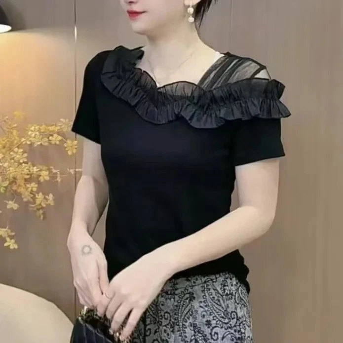 2025年夏季新款不规则时尚百搭洋气设计漏肩显瘦荷叶边短袖T恤女
