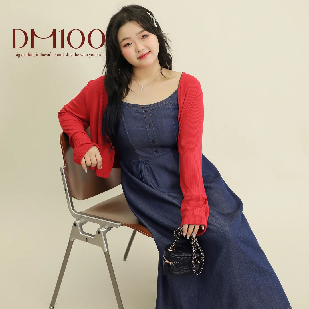 大码百分百春季a字牛仔吊带连衣裙1717