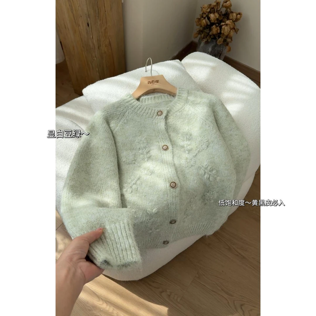 P0629-绿色针织毛衣开衫女秋冬慵懒风小个子宽松韩系圆领软糯上衣