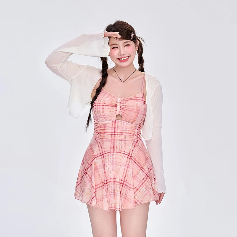 Agliondy【衫衫有礼】女款连体性感大码遮肉长袖罩衫高级感格子泳衣