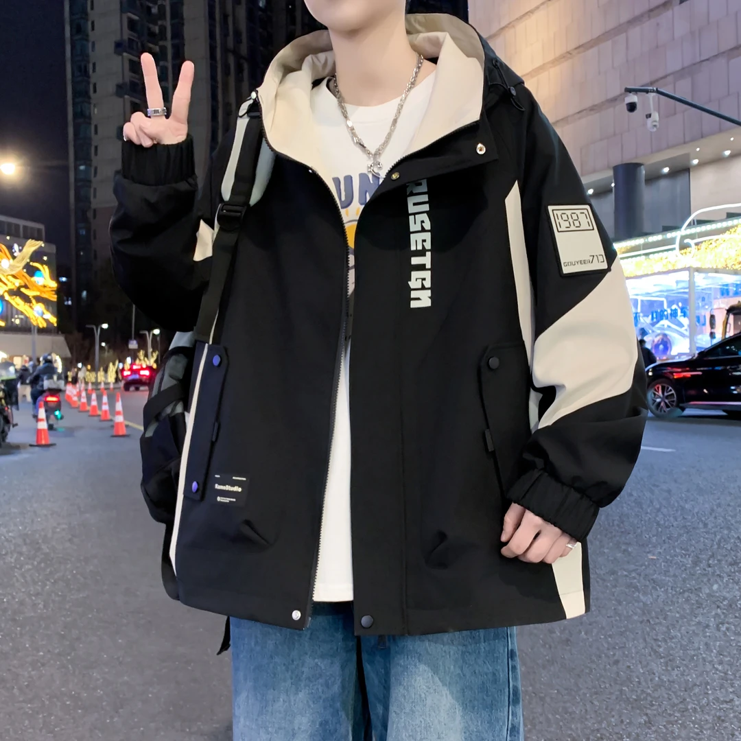 2025春季新款男士连帽夹克港风时尚潮流青少年百搭学生宽松外套帅