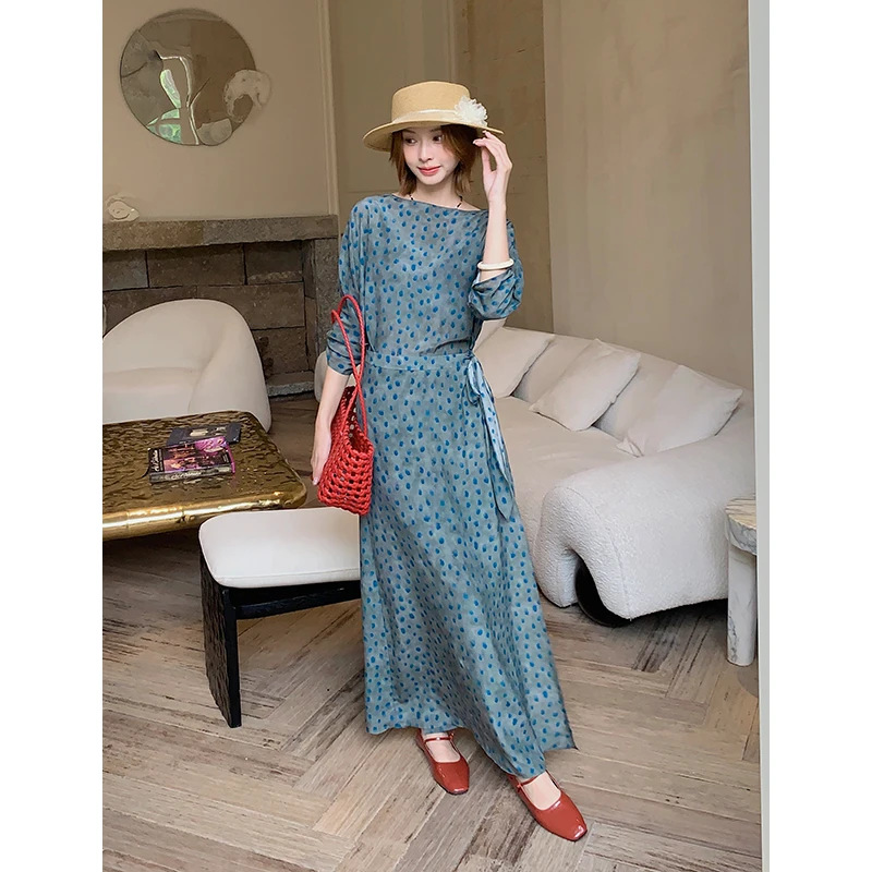CKOUCCOO/扣蔻波点围裹式系带收腰真丝连衣裙女2025桑蚕丝长裙