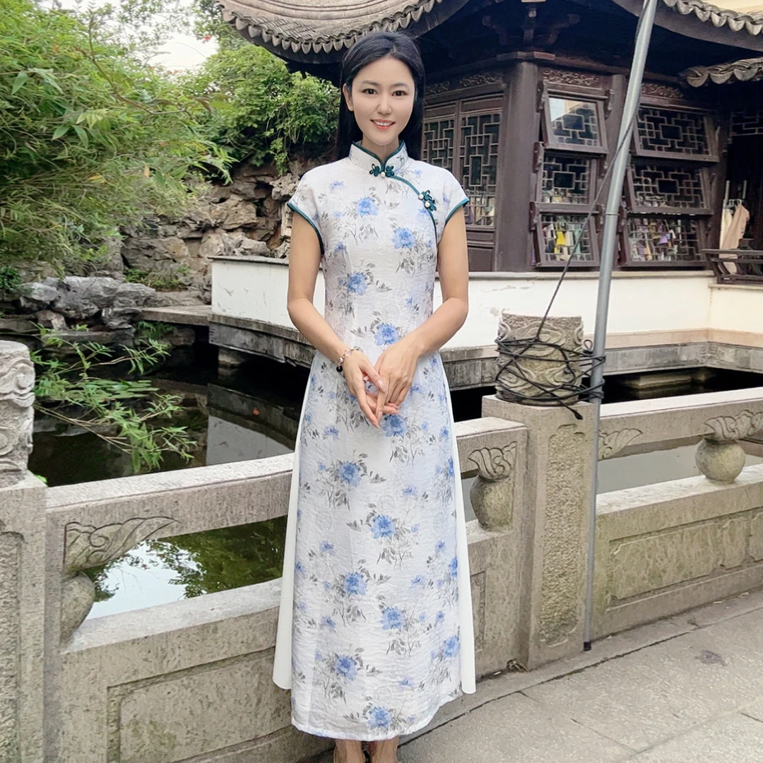 浒城古娘中式国风连衣裙女夏气质立领新款修身大气长裙WH0500544