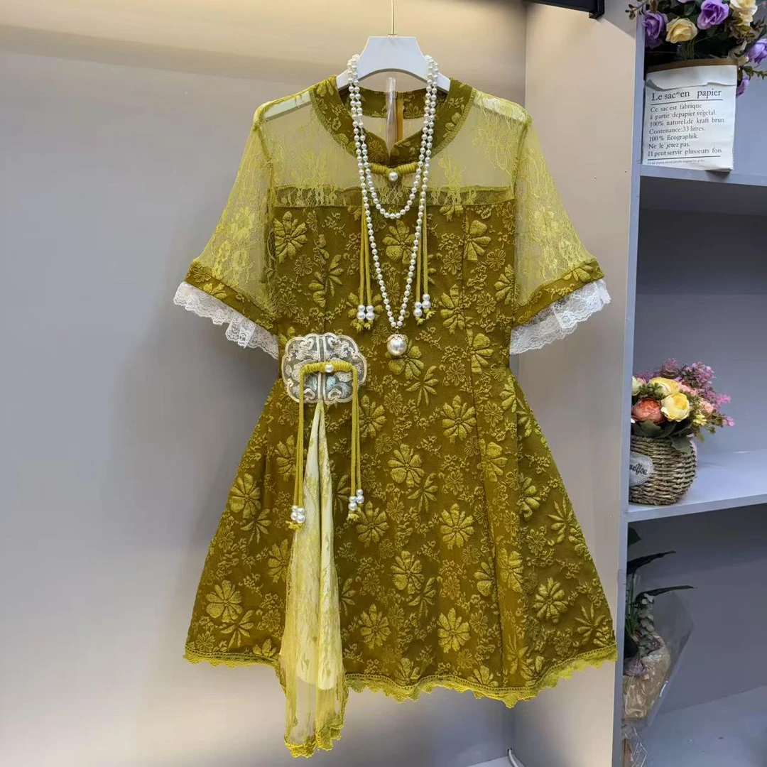 新中式拼接蕾丝高级感复古改良旗袍夏季大码女装气质连衣裙