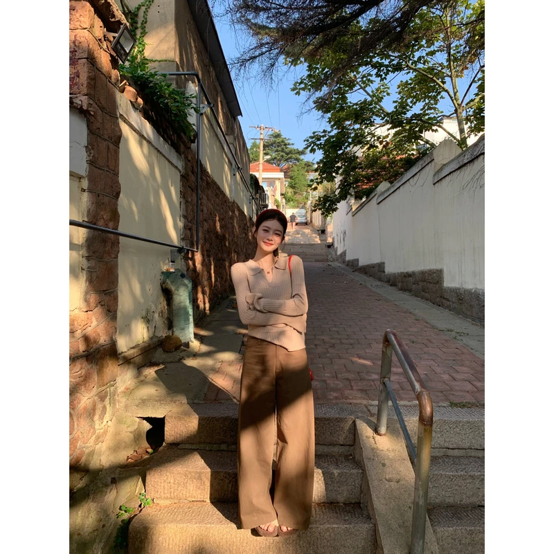 谢不肉【茶卡秘境】百棉洗水阔腿休闲磨毛斜纹侧褶A形长裤5141