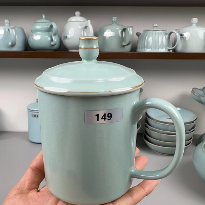 陶摆件汝瓷办公杯两件套圈足烧仿古釉微微瑕149