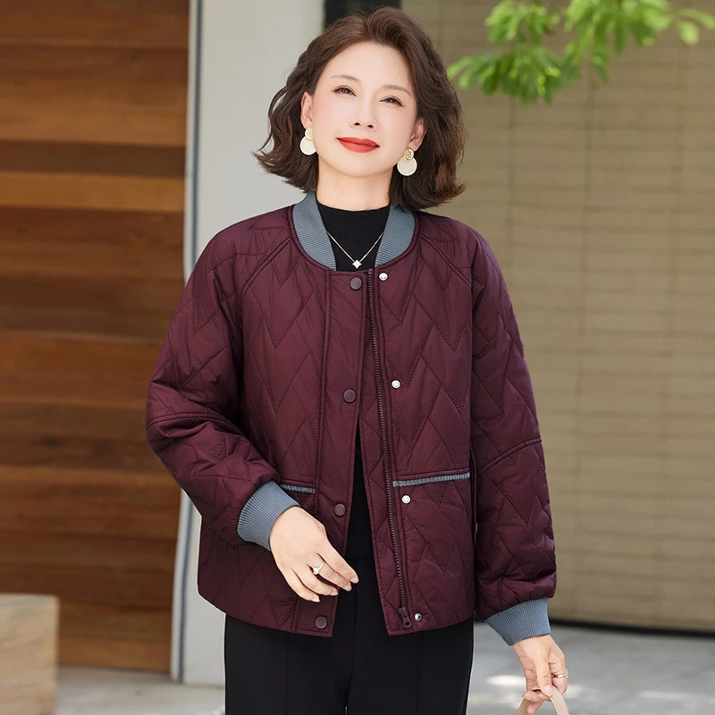 妈妈秋冬装撞色轻薄款小棉服休闲棒球服棉衣中老年女夹棉夹克外套
