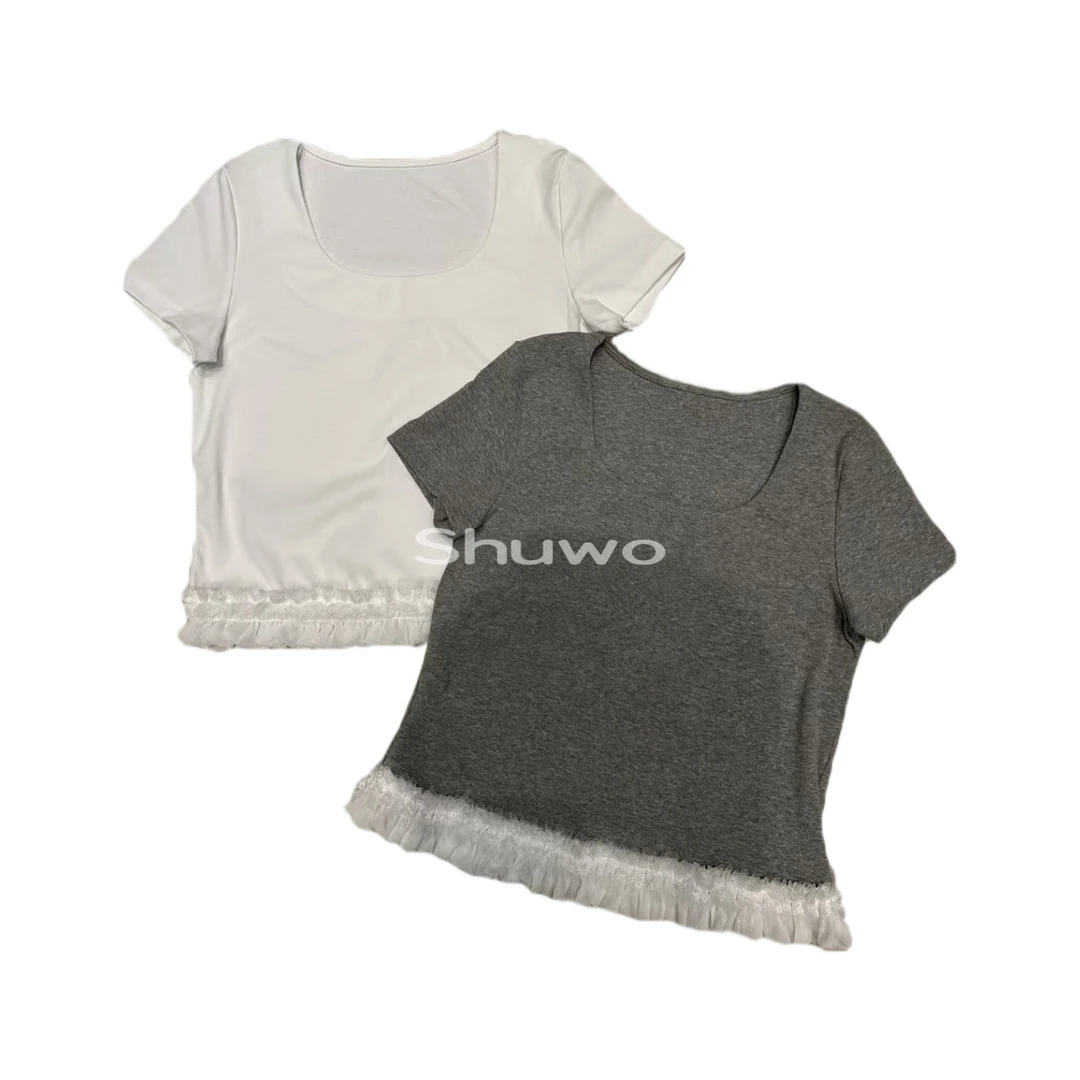 深圳南油蕾丝下摆边短袖T恤休闲好看韩系拼接流行修身精致气质